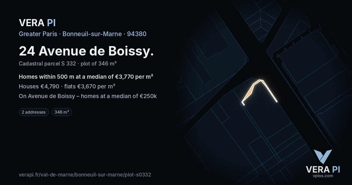 24 Avenue de Boissy, Bonneuil-sur-Marne at night – the plot lit, the parcels around coloured by the prices near them