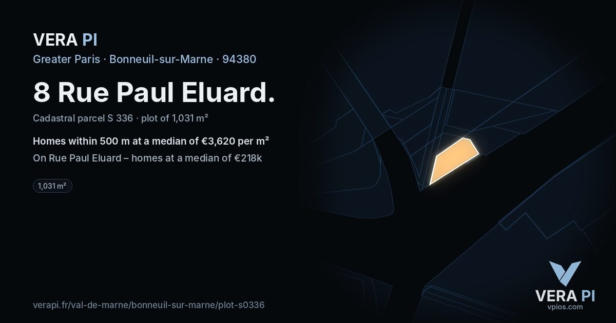 8 Rue Paul Eluard, Bonneuil-sur-Marne at night – the plot lit, the parcels around coloured by the prices near them