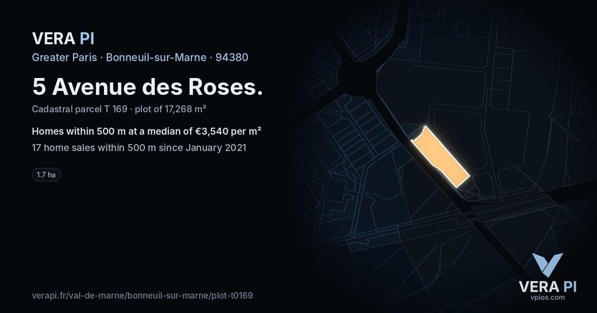 5 Avenue des Roses, Bonneuil-sur-Marne at night – the plot lit, the parcels around coloured by the prices near them