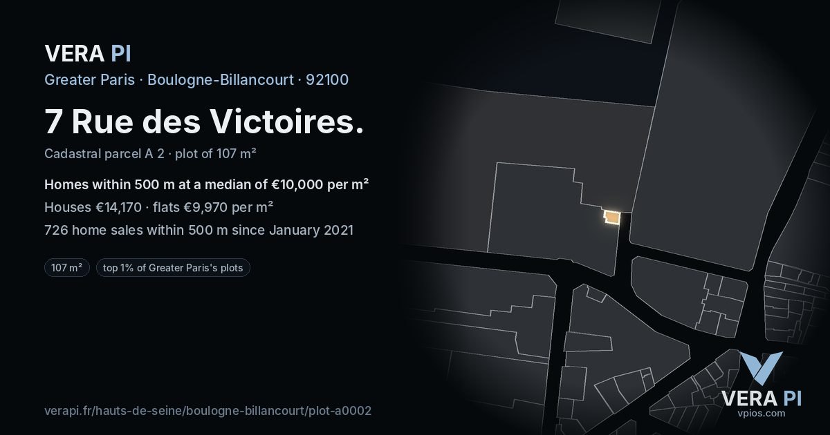 7 Rue des Victoires, Boulogne-Billancourt at night – the plot lit, the parcels around coloured by the prices near them