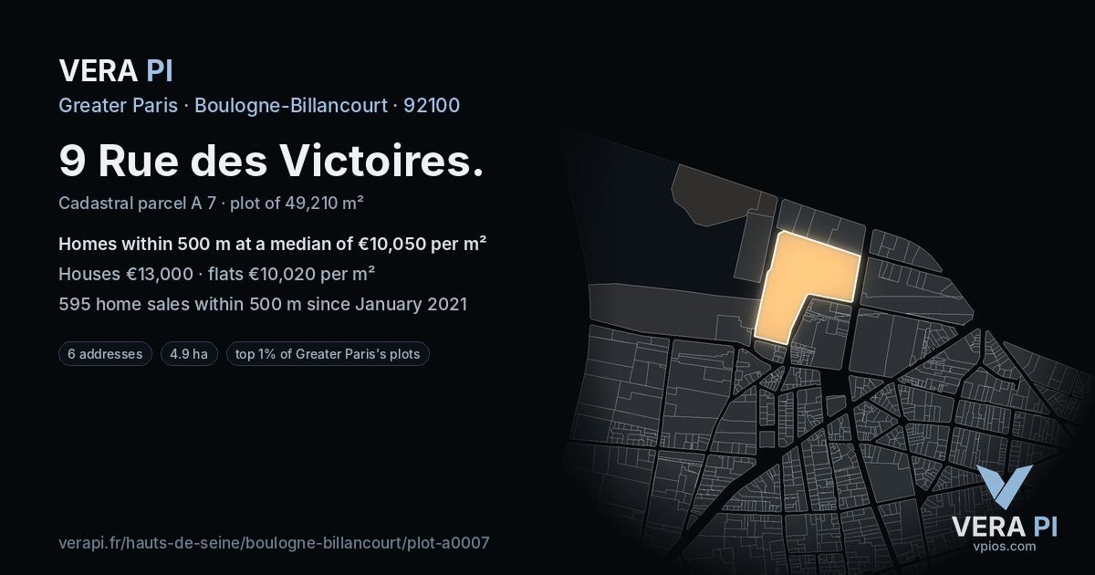 9 Rue des Victoires, Boulogne-Billancourt at night – the plot lit, the parcels around coloured by the prices near them