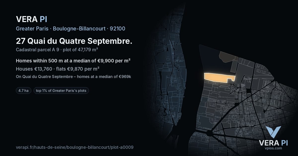 27 Quai du Quatre Septembre, Boulogne-Billancourt at night – the plot lit, the parcels around coloured by the prices near them