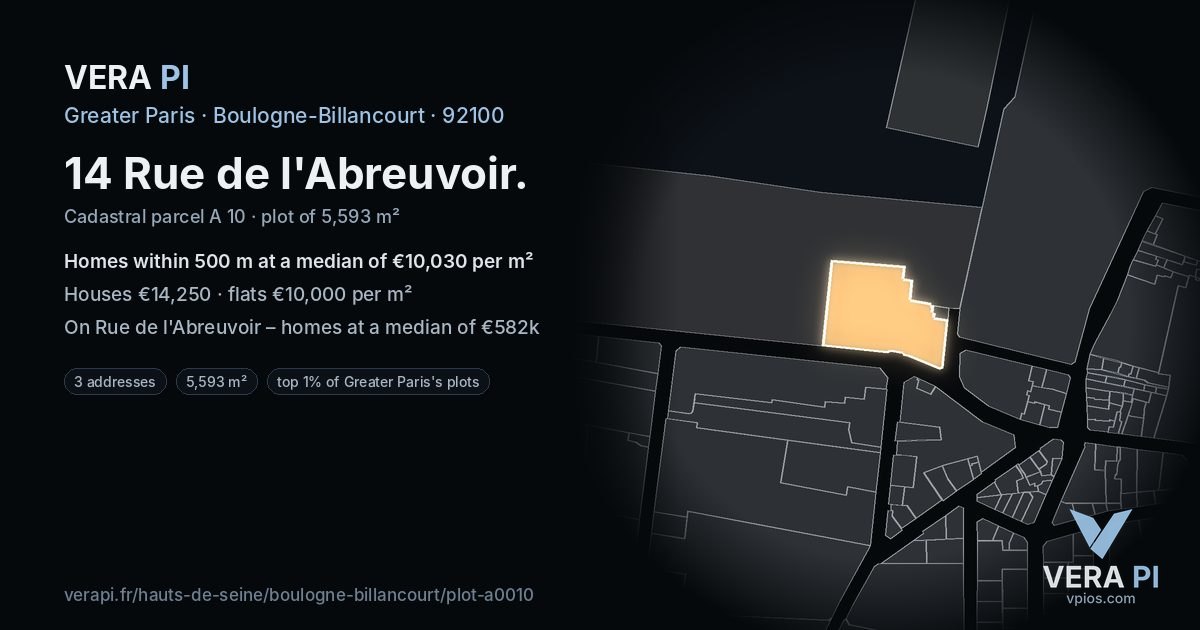 14 Rue de l'Abreuvoir, Boulogne-Billancourt at night – the plot lit, the parcels around coloured by the prices near them