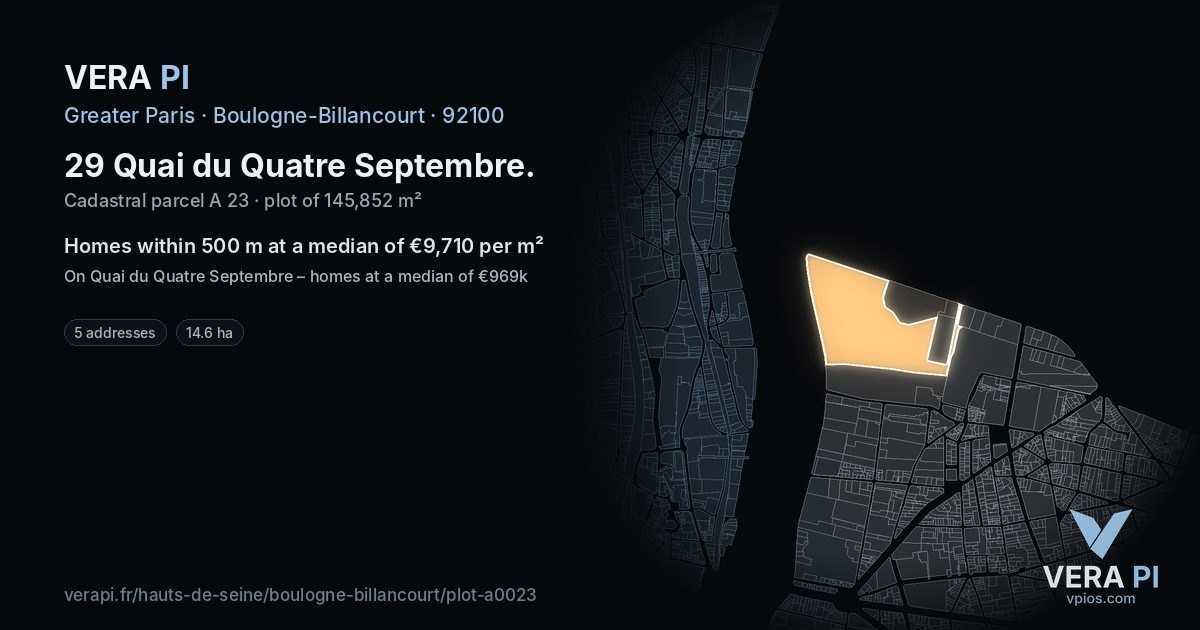 29 Quai du Quatre Septembre, Boulogne-Billancourt at night – the plot lit, the parcels around coloured by the prices near them