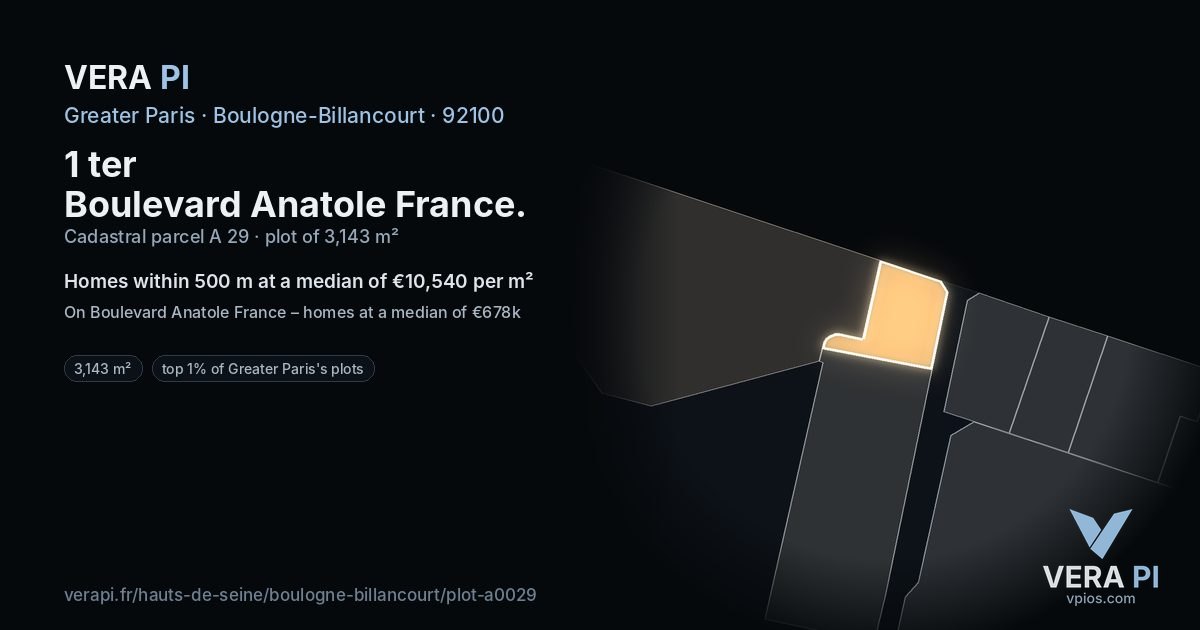 1 ter Boulevard Anatole France, Boulogne-Billancourt at night – the plot lit, the parcels around coloured by the prices near them