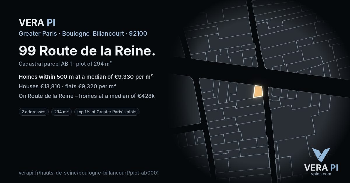 99 Route de la Reine, Boulogne-Billancourt at night – the plot lit, the parcels around coloured by the prices near them