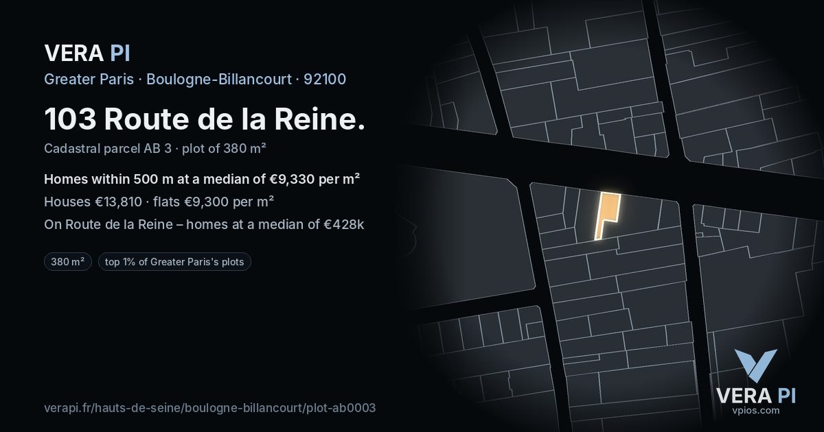 103 Route de la Reine, Boulogne-Billancourt at night – the plot lit, the parcels around coloured by the prices near them
