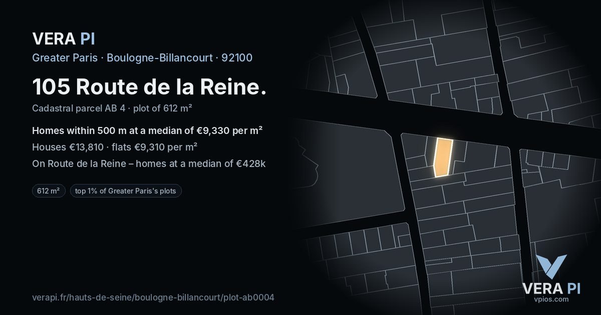 105 Route de la Reine, Boulogne-Billancourt at night – the plot lit, the parcels around coloured by the prices near them