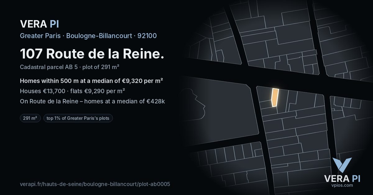 107 Route de la Reine, Boulogne-Billancourt at night – the plot lit, the parcels around coloured by the prices near them