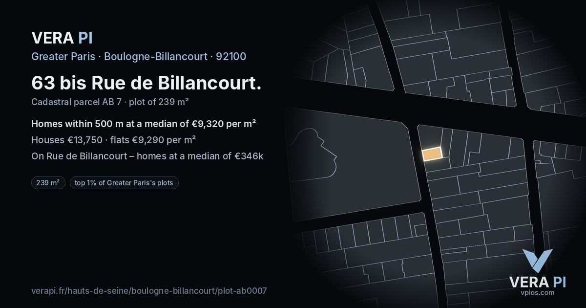 63 bis Rue de Billancourt, Boulogne-Billancourt at night – the plot lit, the parcels around coloured by the prices near them