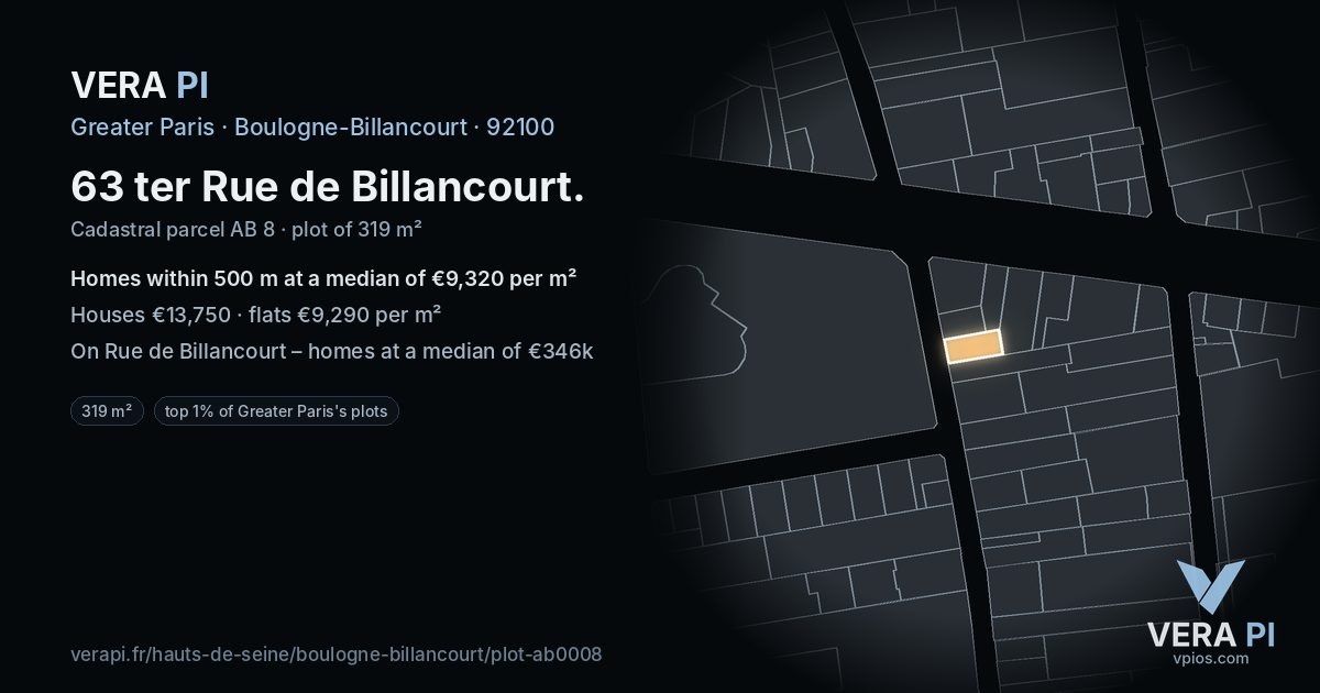 63 ter Rue de Billancourt, Boulogne-Billancourt at night – the plot lit, the parcels around coloured by the prices near them
