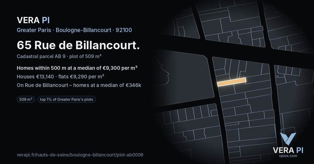 65 Rue de Billancourt, Boulogne-Billancourt at night – the plot lit, the parcels around coloured by the prices near them