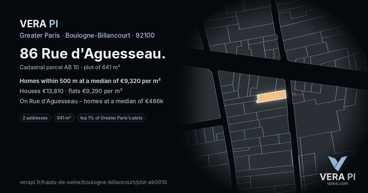 86 Rue d'Aguesseau, Boulogne-Billancourt at night – the plot lit, the parcels around coloured by the prices near them