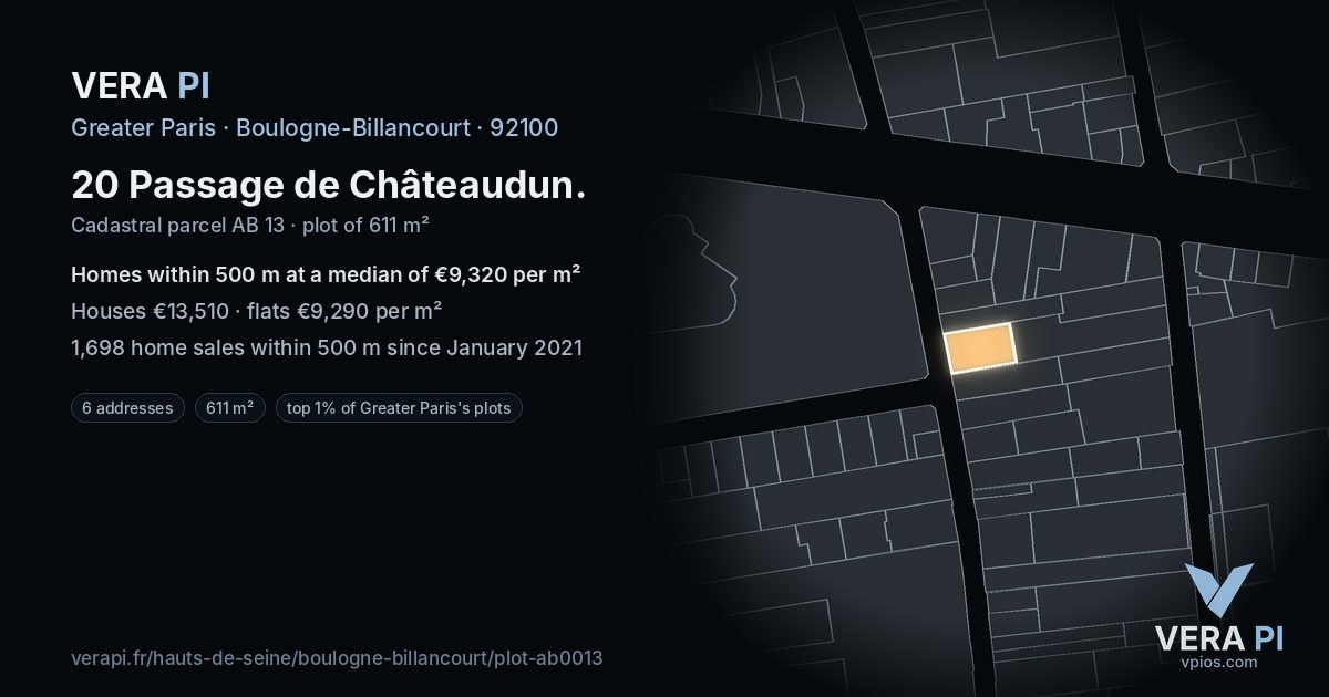20 Passage de Châteaudun, Boulogne-Billancourt at night – the plot lit, the parcels around coloured by the prices near them