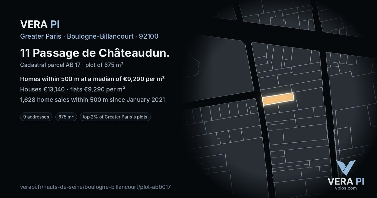 11 Passage de Châteaudun, Boulogne-Billancourt at night – the plot lit, the parcels around coloured by the prices near them