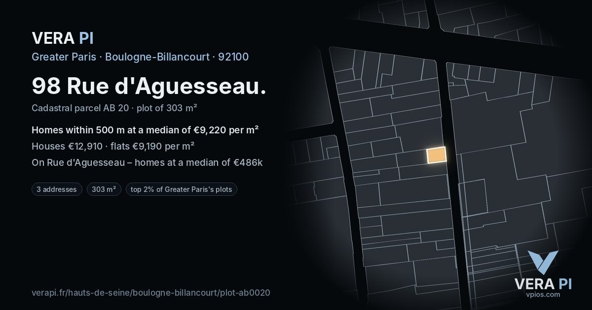 98 Rue d'Aguesseau, Boulogne-Billancourt at night – the plot lit, the parcels around coloured by the prices near them