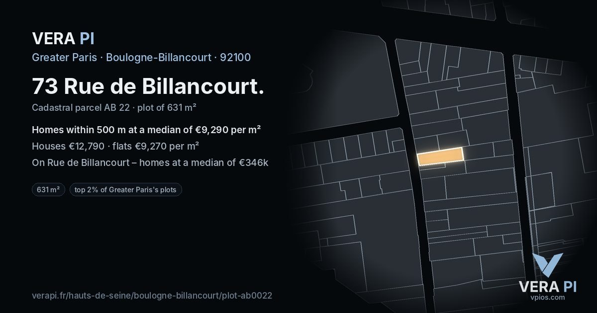 73 Rue de Billancourt, Boulogne-Billancourt at night – the plot lit, the parcels around coloured by the prices near them