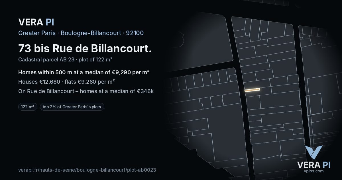 73 bis Rue de Billancourt, Boulogne-Billancourt at night – the plot lit, the parcels around coloured by the prices near them