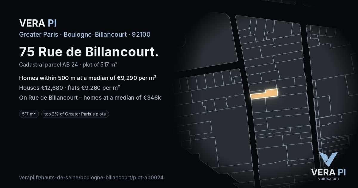 75 Rue de Billancourt, Boulogne-Billancourt at night – the plot lit, the parcels around coloured by the prices near them