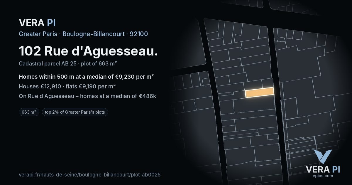 102 Rue d'Aguesseau, Boulogne-Billancourt at night – the plot lit, the parcels around coloured by the prices near them