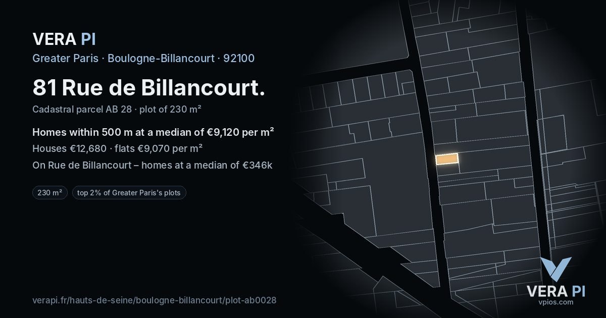 81 Rue de Billancourt, Boulogne-Billancourt at night – the plot lit, the parcels around coloured by the prices near them