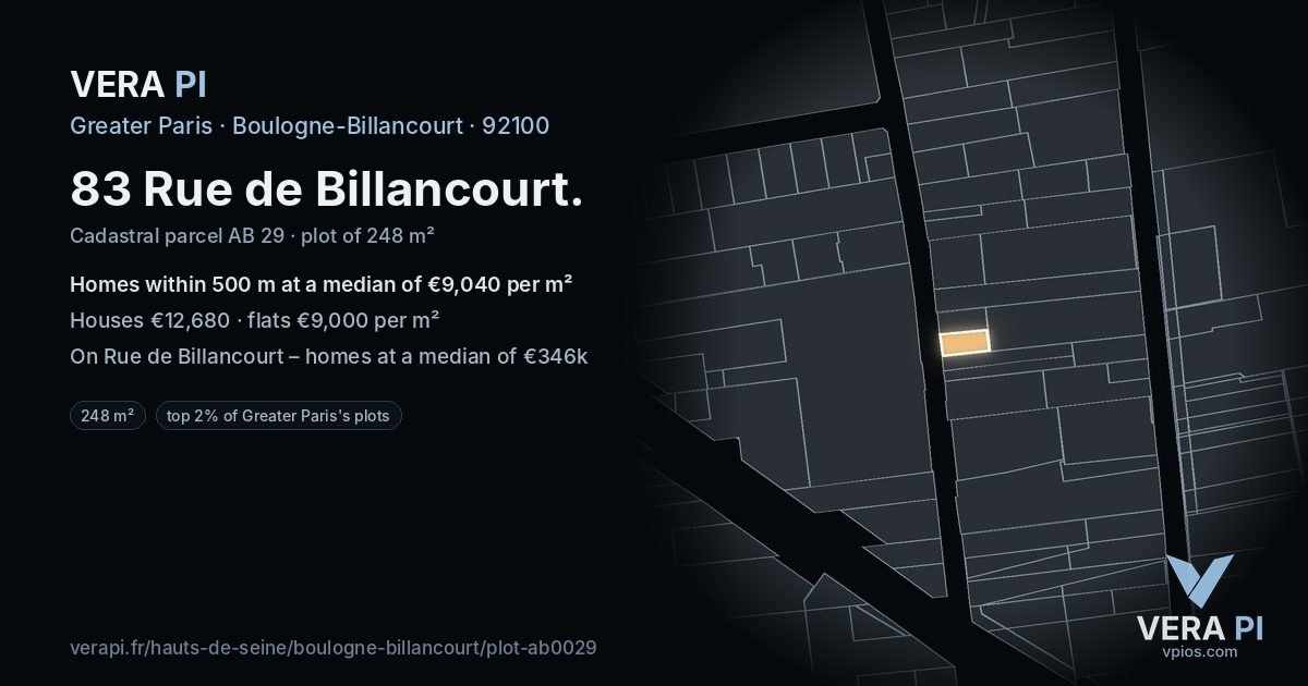 83 Rue de Billancourt, Boulogne-Billancourt at night – the plot lit, the parcels around coloured by the prices near them