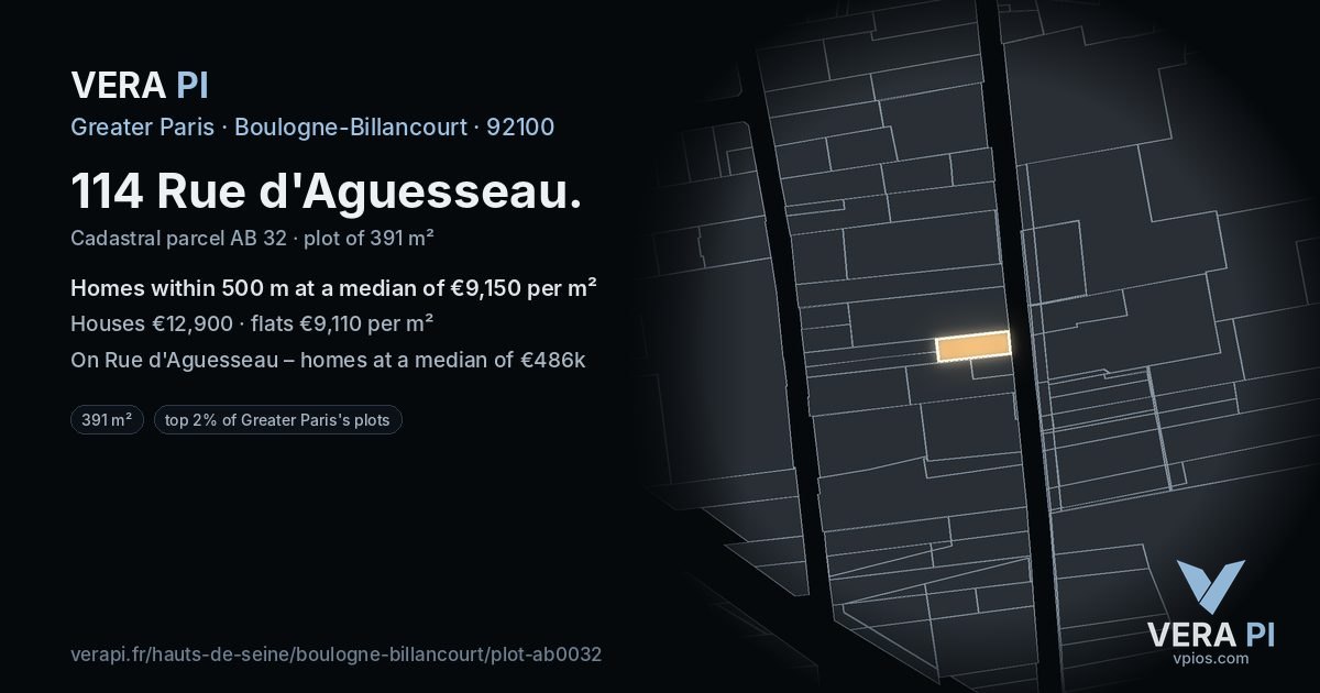 114 Rue d'Aguesseau, Boulogne-Billancourt at night – the plot lit, the parcels around coloured by the prices near them
