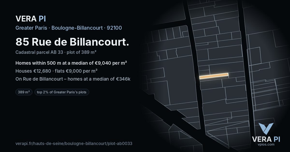 85 Rue de Billancourt, Boulogne-Billancourt at night – the plot lit, the parcels around coloured by the prices near them