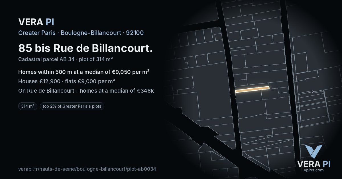 85 bis Rue de Billancourt, Boulogne-Billancourt at night – the plot lit, the parcels around coloured by the prices near them