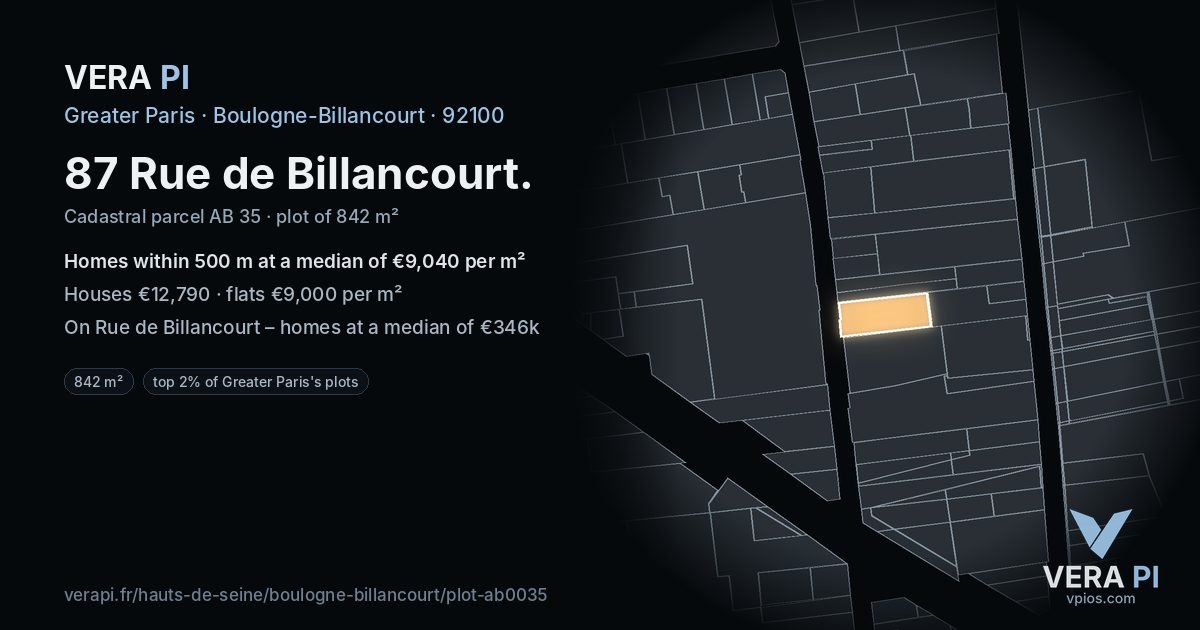 87 Rue de Billancourt, Boulogne-Billancourt at night – the plot lit, the parcels around coloured by the prices near them