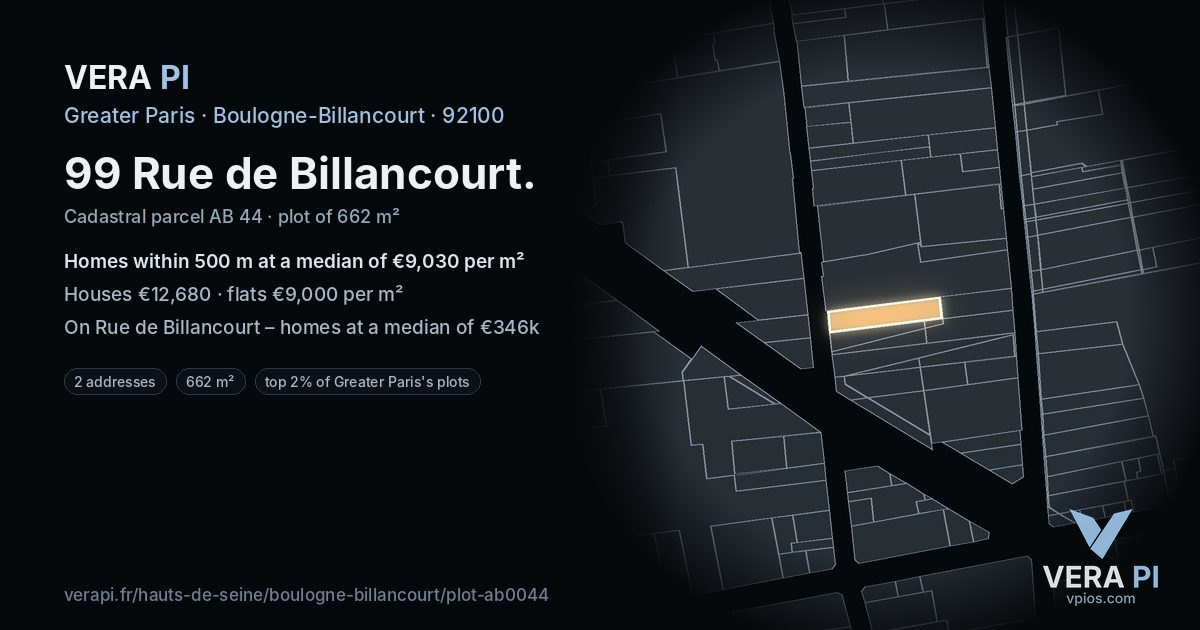 99 Rue de Billancourt, Boulogne-Billancourt at night – the plot lit, the parcels around coloured by the prices near them