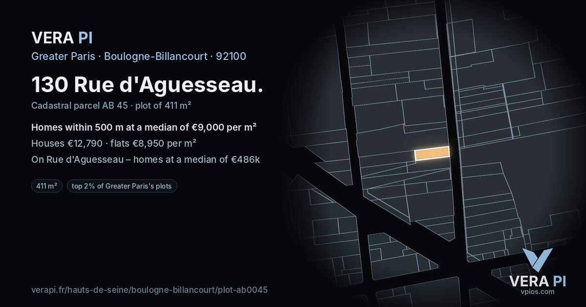 130 Rue d'Aguesseau, Boulogne-Billancourt at night – the plot lit, the parcels around coloured by the prices near them