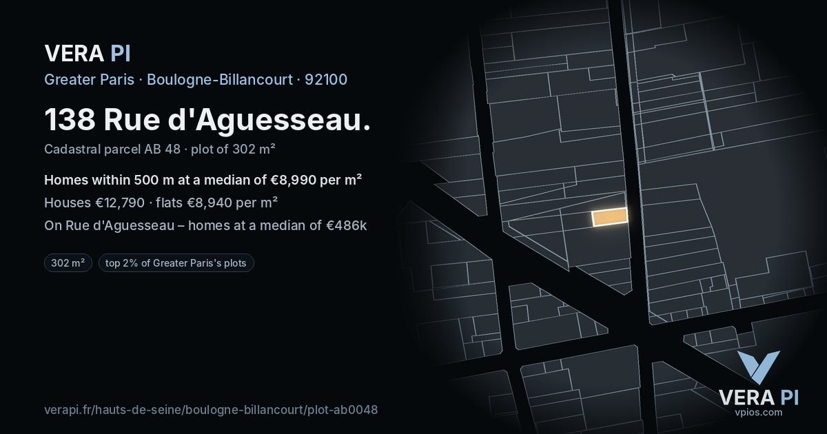 138 Rue d'Aguesseau, Boulogne-Billancourt at night – the plot lit, the parcels around coloured by the prices near them