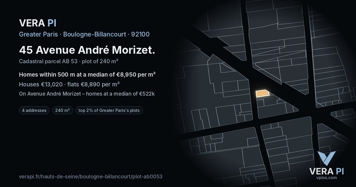 45 Avenue André Morizet, Boulogne-Billancourt at night – the plot lit, the parcels around coloured by the prices near them