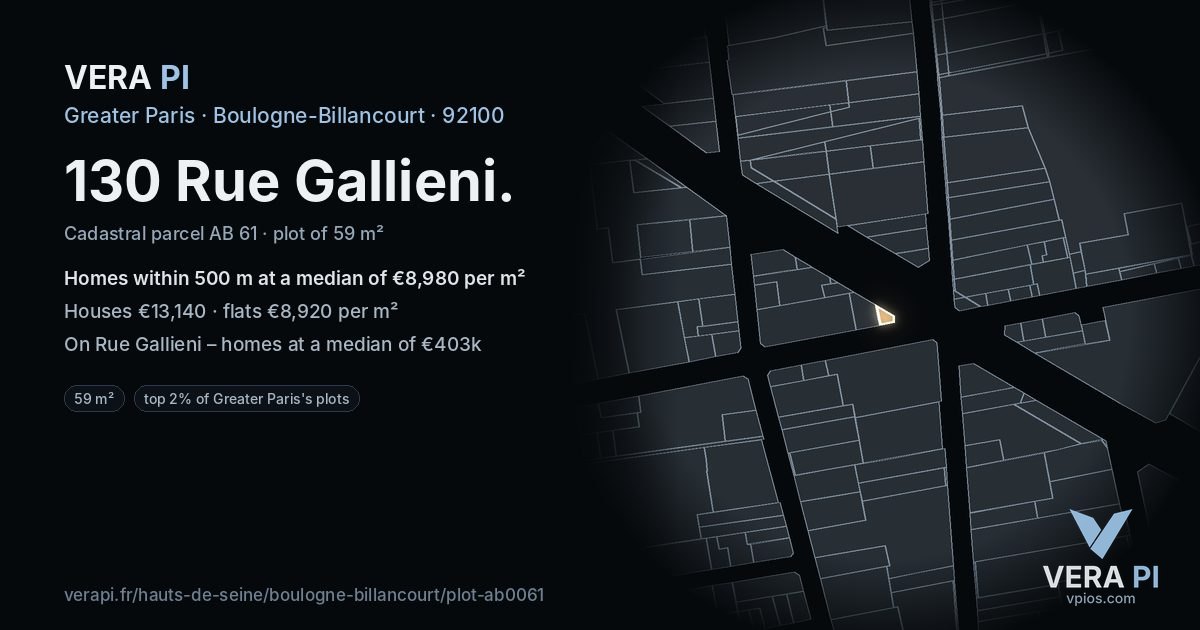 130 Rue Gallieni, Boulogne-Billancourt at night – the plot lit, the parcels around coloured by the prices near them
