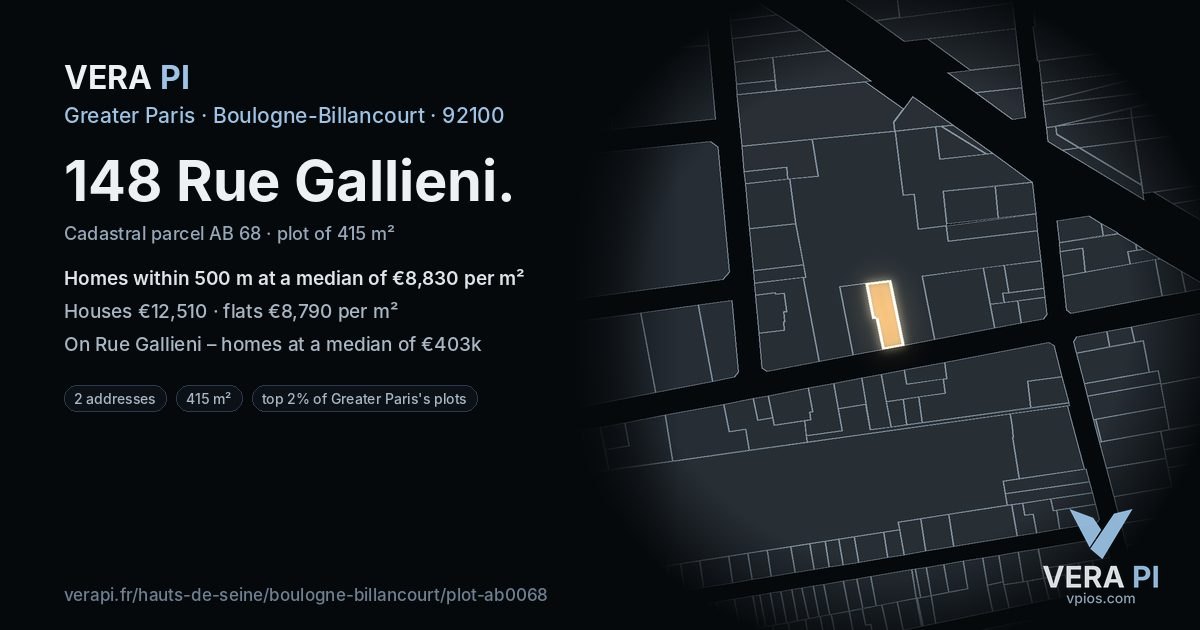 148 Rue Gallieni, Boulogne-Billancourt at night – the plot lit, the parcels around coloured by the prices near them