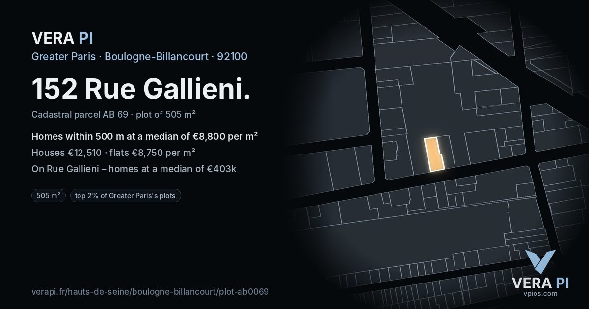 152 Rue Gallieni, Boulogne-Billancourt at night – the plot lit, the parcels around coloured by the prices near them
