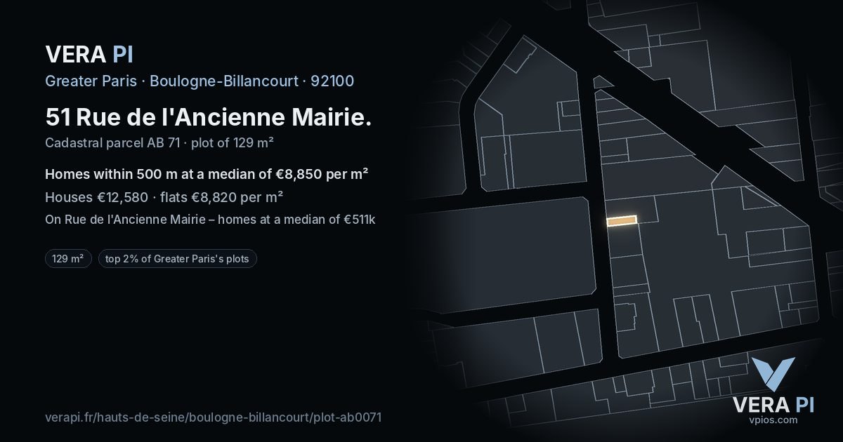 51 Rue de l'Ancienne Mairie, Boulogne-Billancourt at night – the plot lit, the parcels around coloured by the prices near them