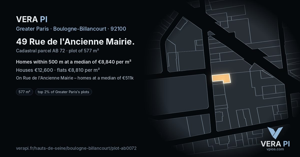 49 Rue de l'Ancienne Mairie, Boulogne-Billancourt at night – the plot lit, the parcels around coloured by the prices near them