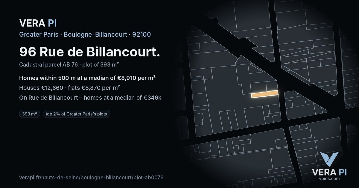 96 Rue de Billancourt, Boulogne-Billancourt at night – the plot lit, the parcels around coloured by the prices near them