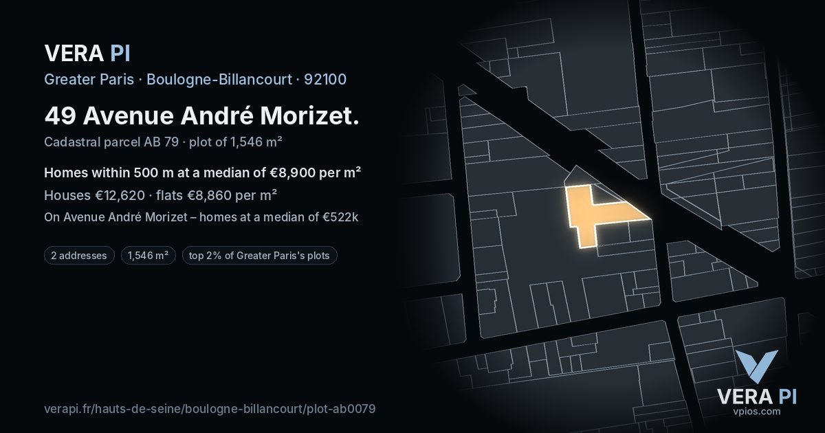 49 Avenue André Morizet, Boulogne-Billancourt at night – the plot lit, the parcels around coloured by the prices near them