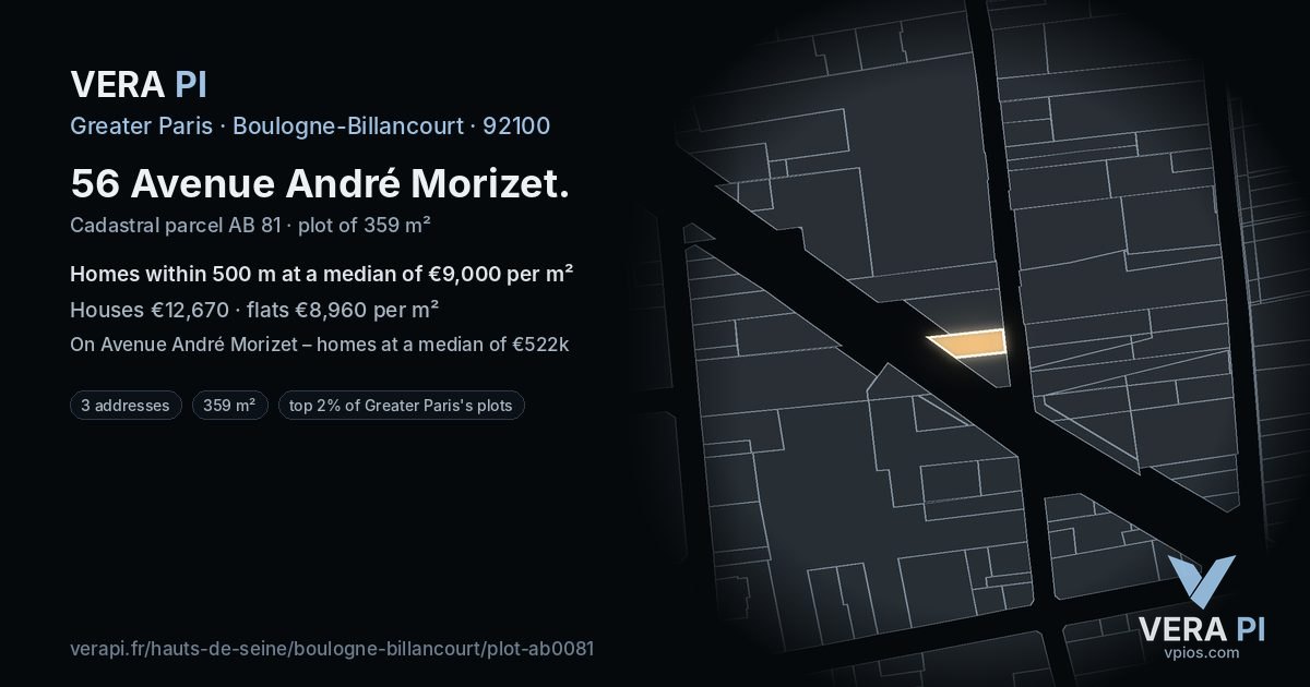 56 Avenue André Morizet, Boulogne-Billancourt at night – the plot lit, the parcels around coloured by the prices near them
