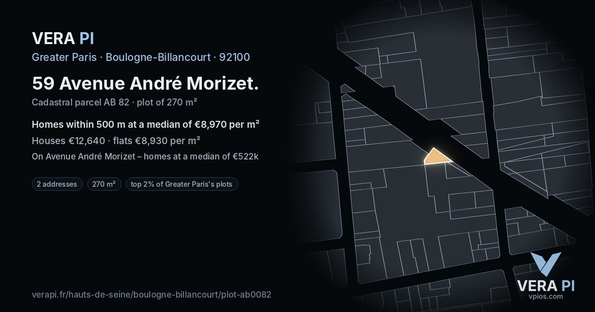 59 Avenue André Morizet, Boulogne-Billancourt at night – the plot lit, the parcels around coloured by the prices near them
