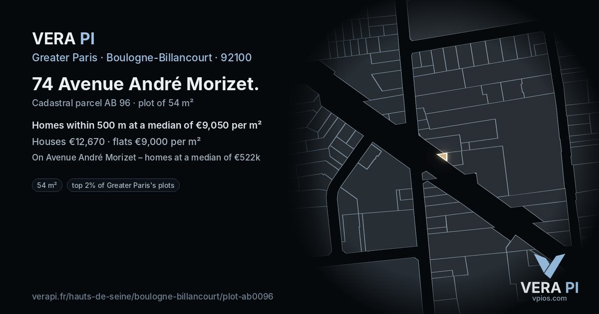 74 Avenue André Morizet, Boulogne-Billancourt at night – the plot lit, the parcels around coloured by the prices near them