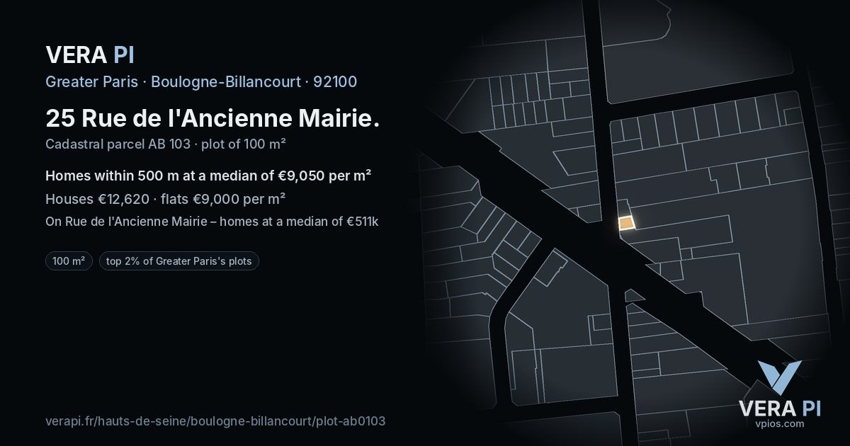 25 Rue de l'Ancienne Mairie, Boulogne-Billancourt at night – the plot lit, the parcels around coloured by the prices near them