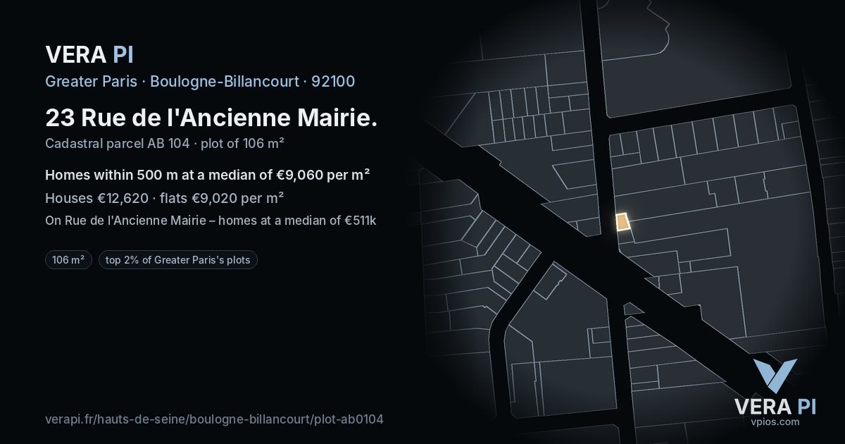 23 Rue de l'Ancienne Mairie, Boulogne-Billancourt at night – the plot lit, the parcels around coloured by the prices near them