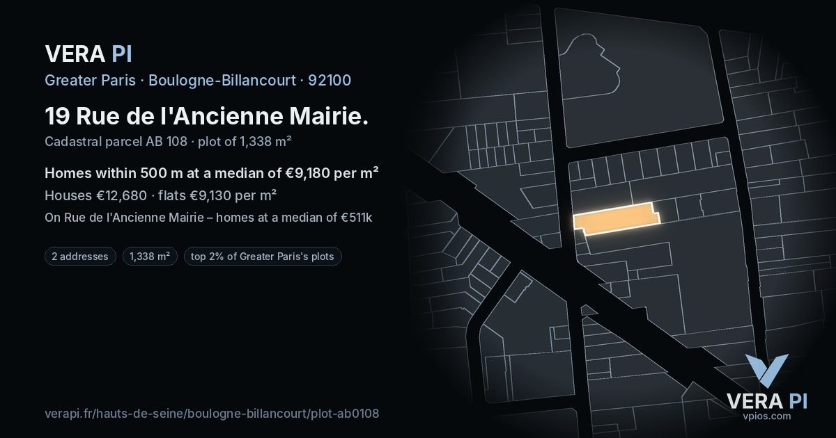 19 Rue de l'Ancienne Mairie, Boulogne-Billancourt at night – the plot lit, the parcels around coloured by the prices near them