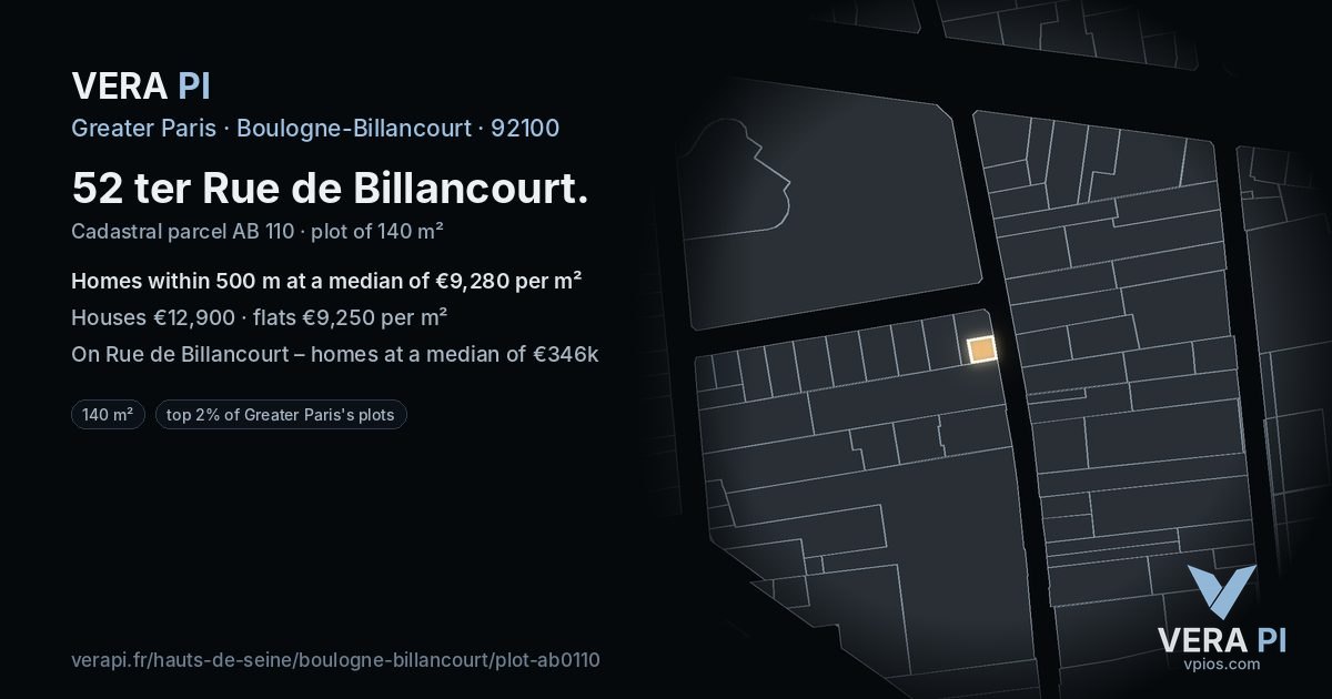52 ter Rue de Billancourt, Boulogne-Billancourt at night – the plot lit, the parcels around coloured by the prices near them