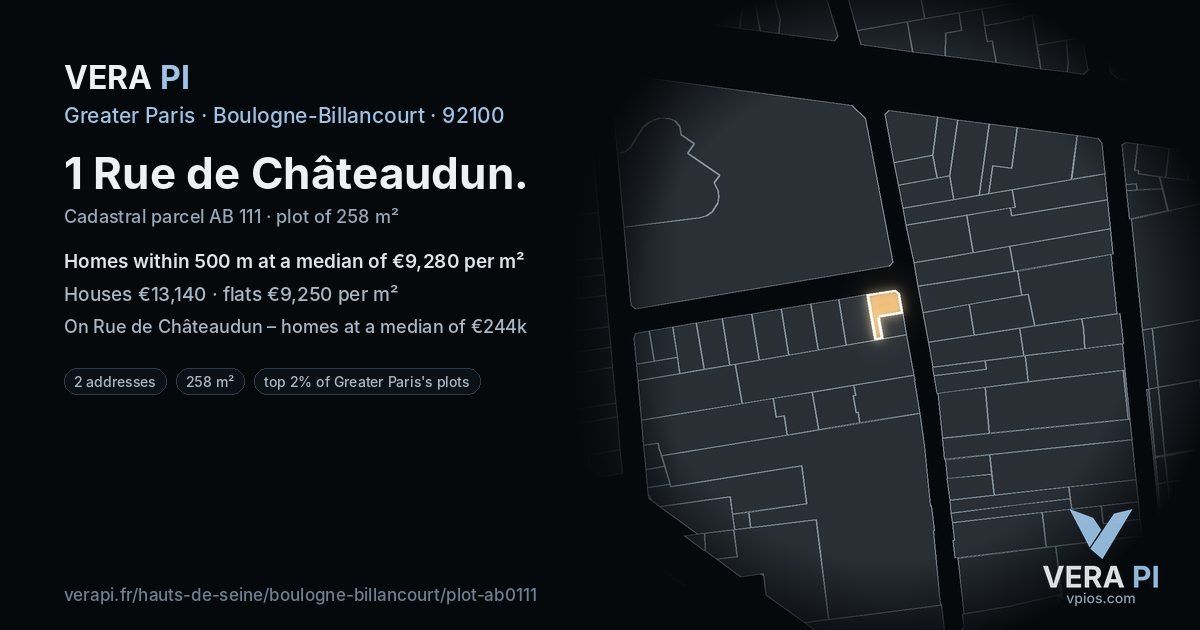 1 Rue de Châteaudun, Boulogne-Billancourt at night – the plot lit, the parcels around coloured by the prices near them