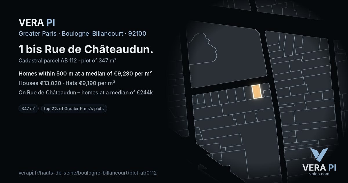 1 bis Rue de Châteaudun, Boulogne-Billancourt at night – the plot lit, the parcels around coloured by the prices near them